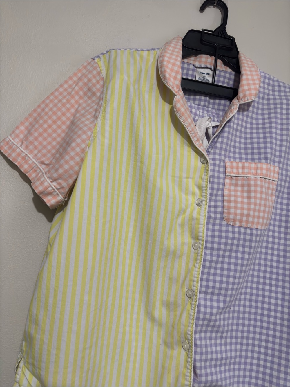 Vintage Lands' End Gingham Stripe Pajama Set Large Yellow Pink Cozy 100% Cotton - Picture 10 of 14